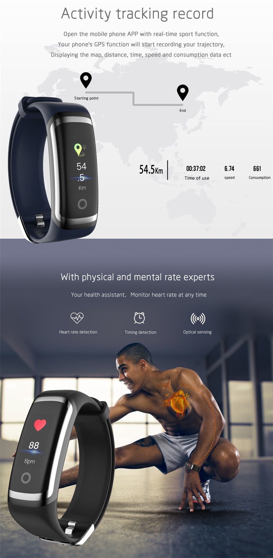 smart bracelet with Heart Rate Monitor, Fitness Watch - Ikidso